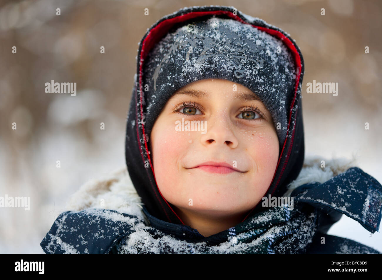 Winter closeup portrait of a cute little boy Stock Photo