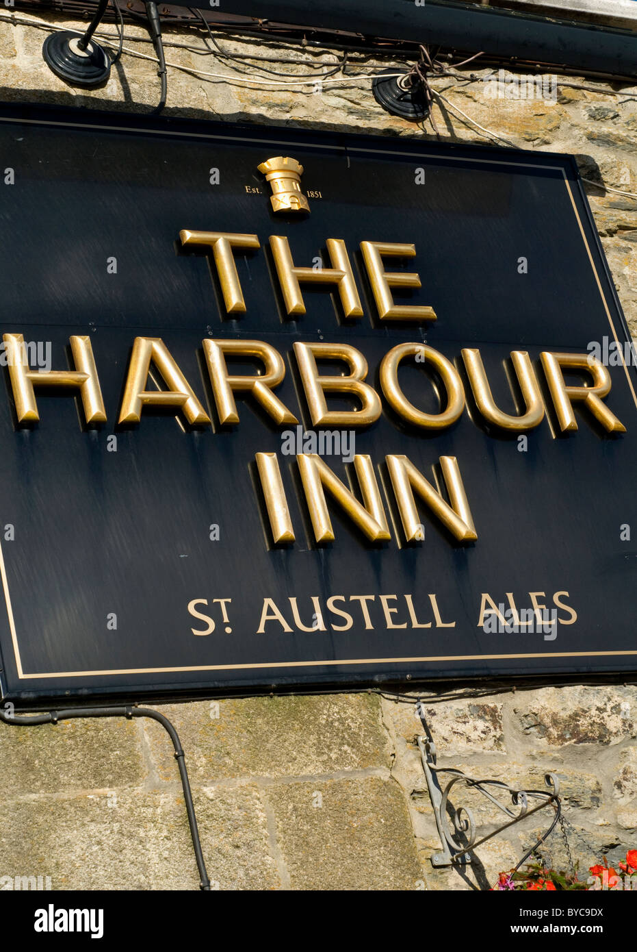 The sign outside the Harbour Inn pub at Porthleven in Cornwall, England Stock Photo