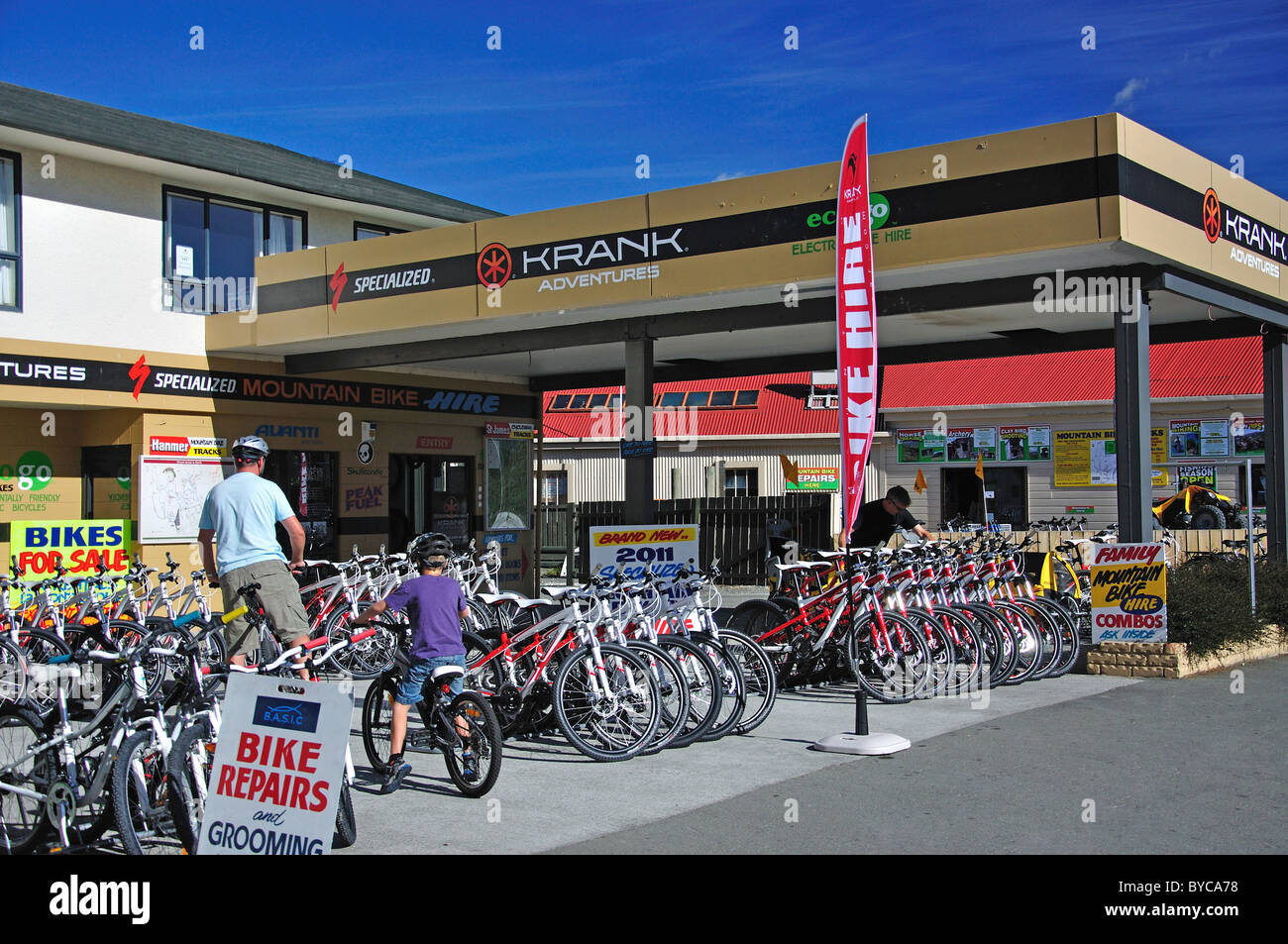 Krank Adventures Bike Hire Shop, Conical Hill Road, Hanmer Springs, Canterbury Region, South Island, New Zealand Stock Photo