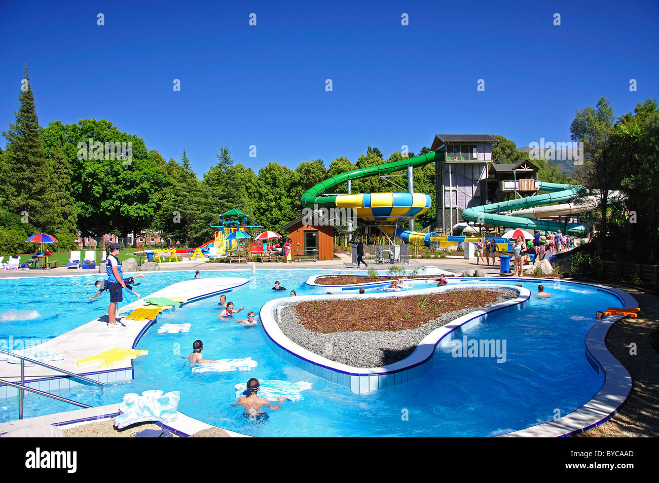 'Lazy River' ride, Hanmer Springs Thermal Pools & Spa, Hanmer Springs, North Canterbury, Canterbury, South Island, New Zealand Stock Photo