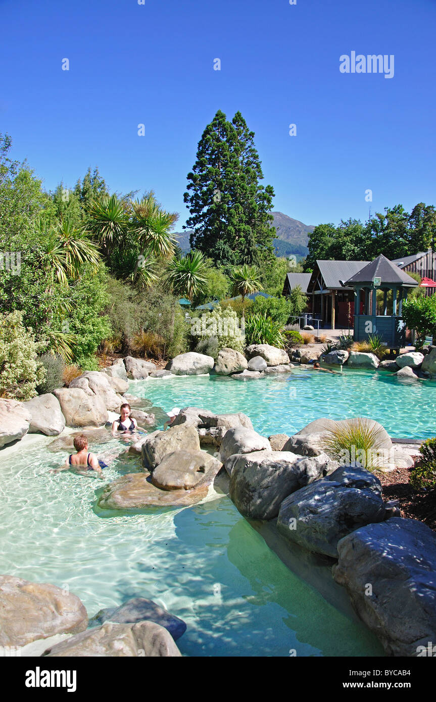 Hot rock pools at Hanmer Springs Thermal Pools & Spa, Hanmer Springs, North Canterbury, Canterbury, South Island, New Zealand Stock Photo