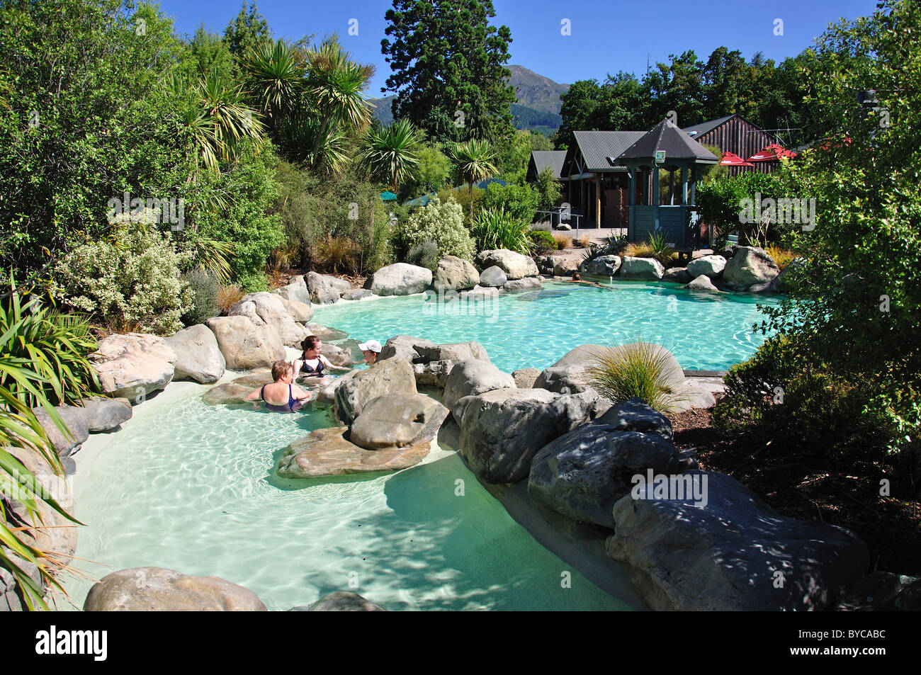 Hot rock pools at Hanmer Springs Thermal Pools & Spa, Hanmer Springs, Canterbury, South Island, New Zealand Stock Photo