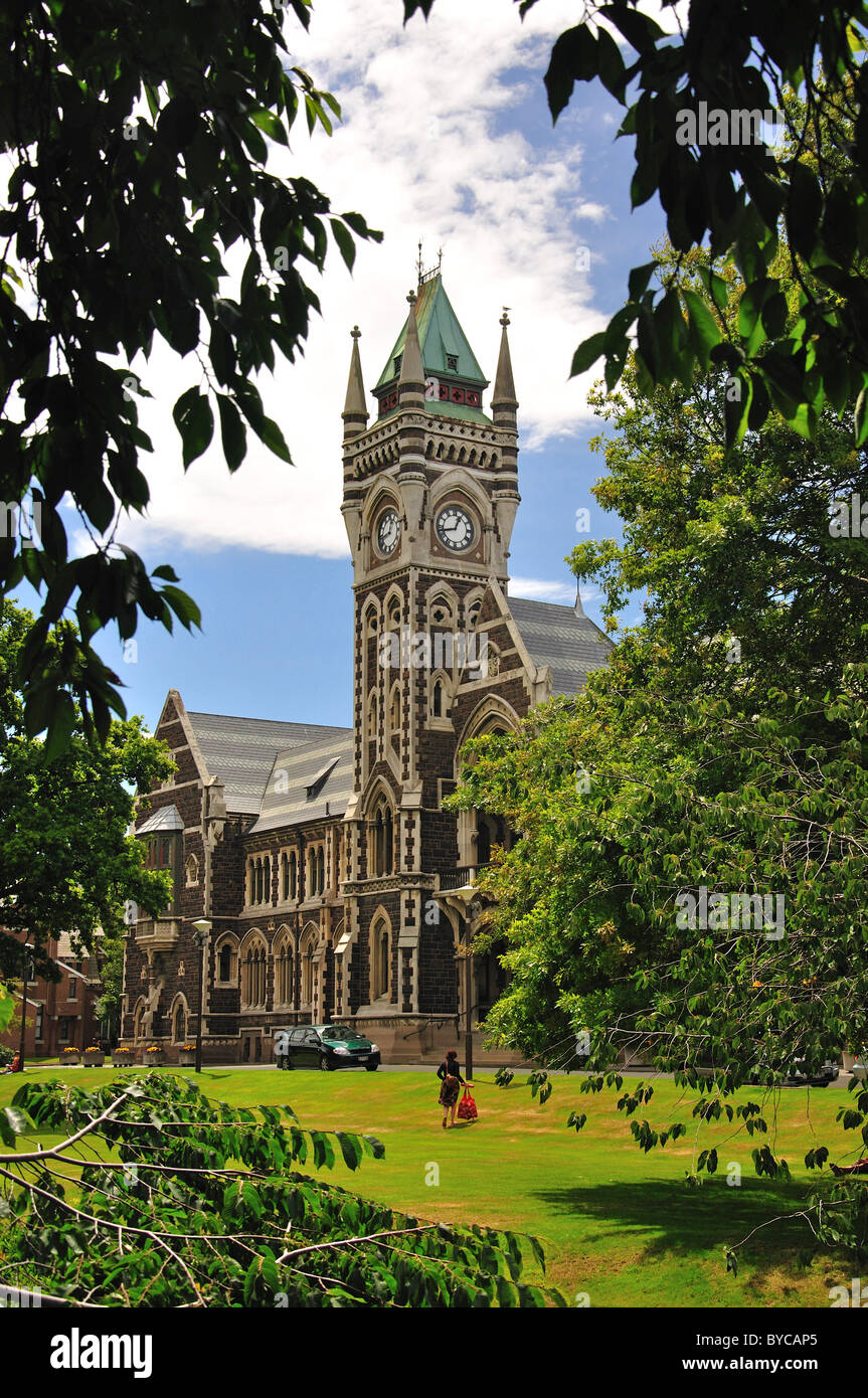 View of campus showing University Clock Tower, University of Otago, Dunedin, Otago, South Island, New Zealand Stock Photo