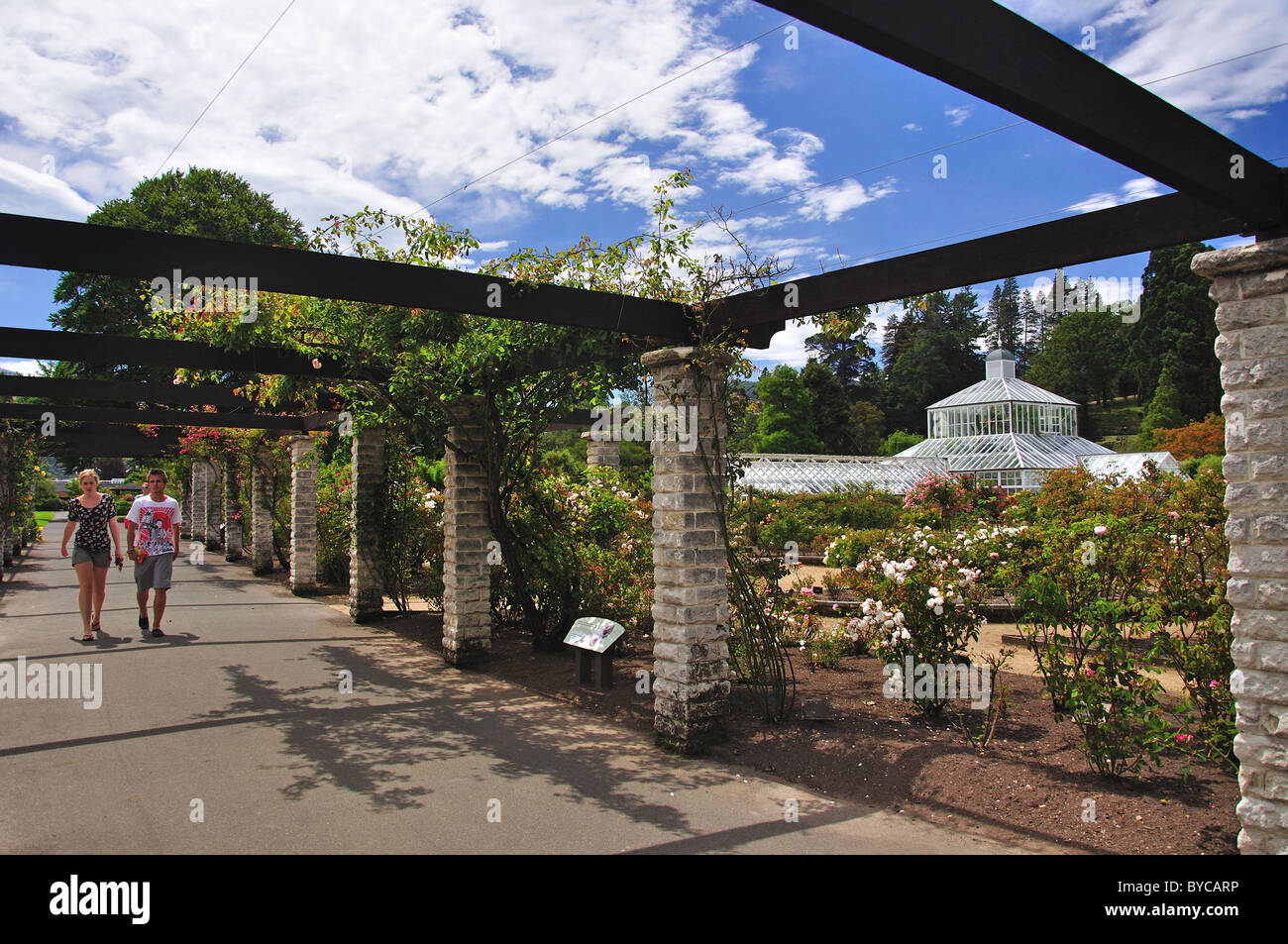 Winter Garden Glasshouse from Rose Gardens, Dunedin Botanical Gardens, Dunedin, Otago, South Island, New Zealand Stock Photo