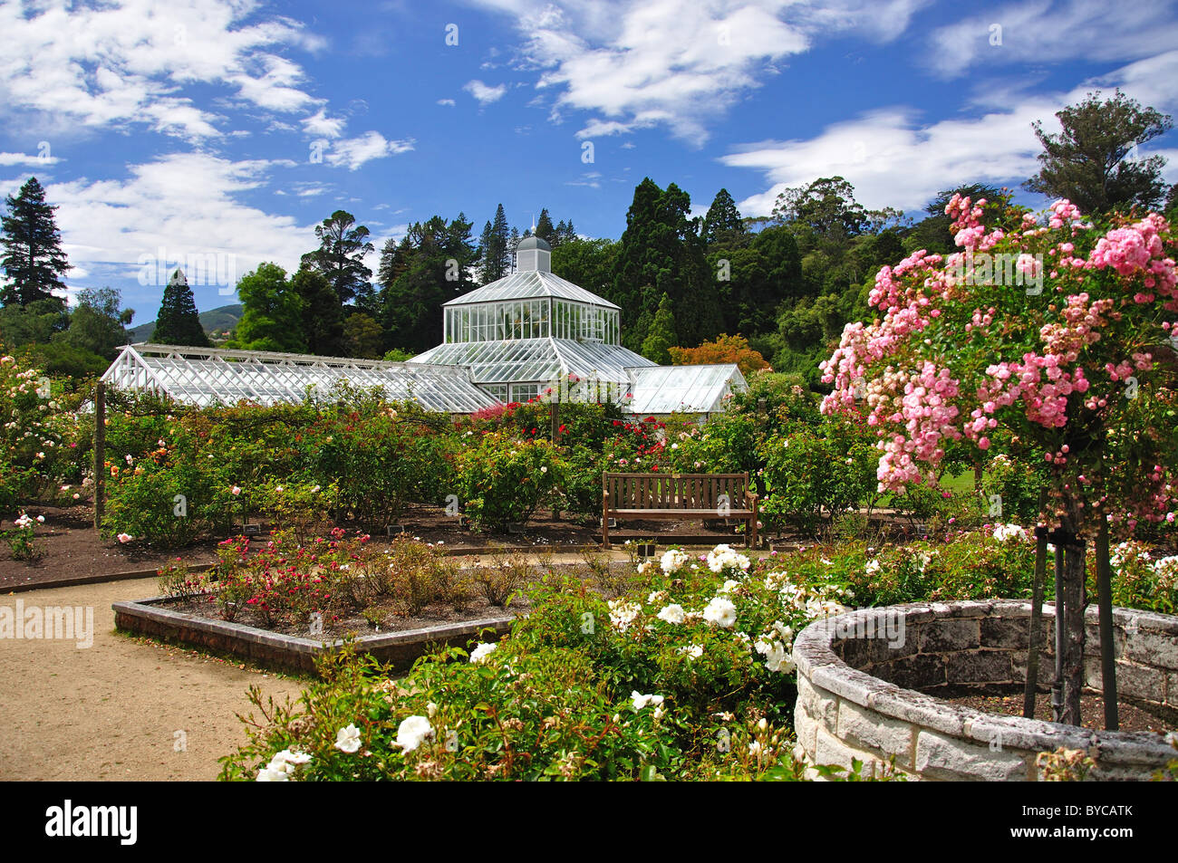 Winter Garden Glasshouse from Rose Gardens, Dunedin Botanical Gardens, Dunedin, Otago, South Island, New Zealand Stock Photo