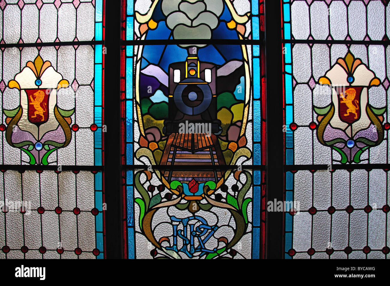 Old stained glass window inside the Dunedin Railway Station, Dunedin