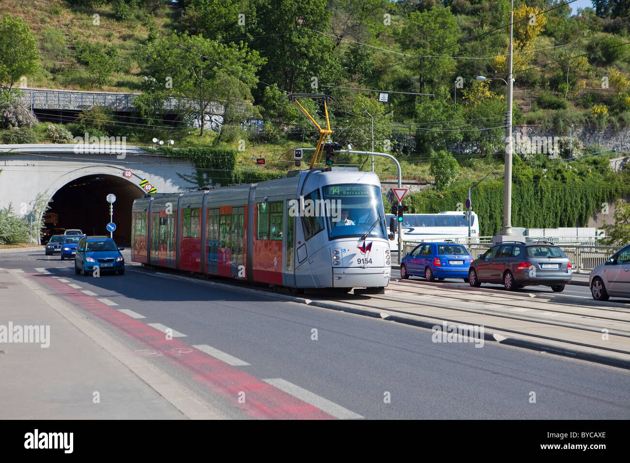 New tram on street in Prague Stock Photo