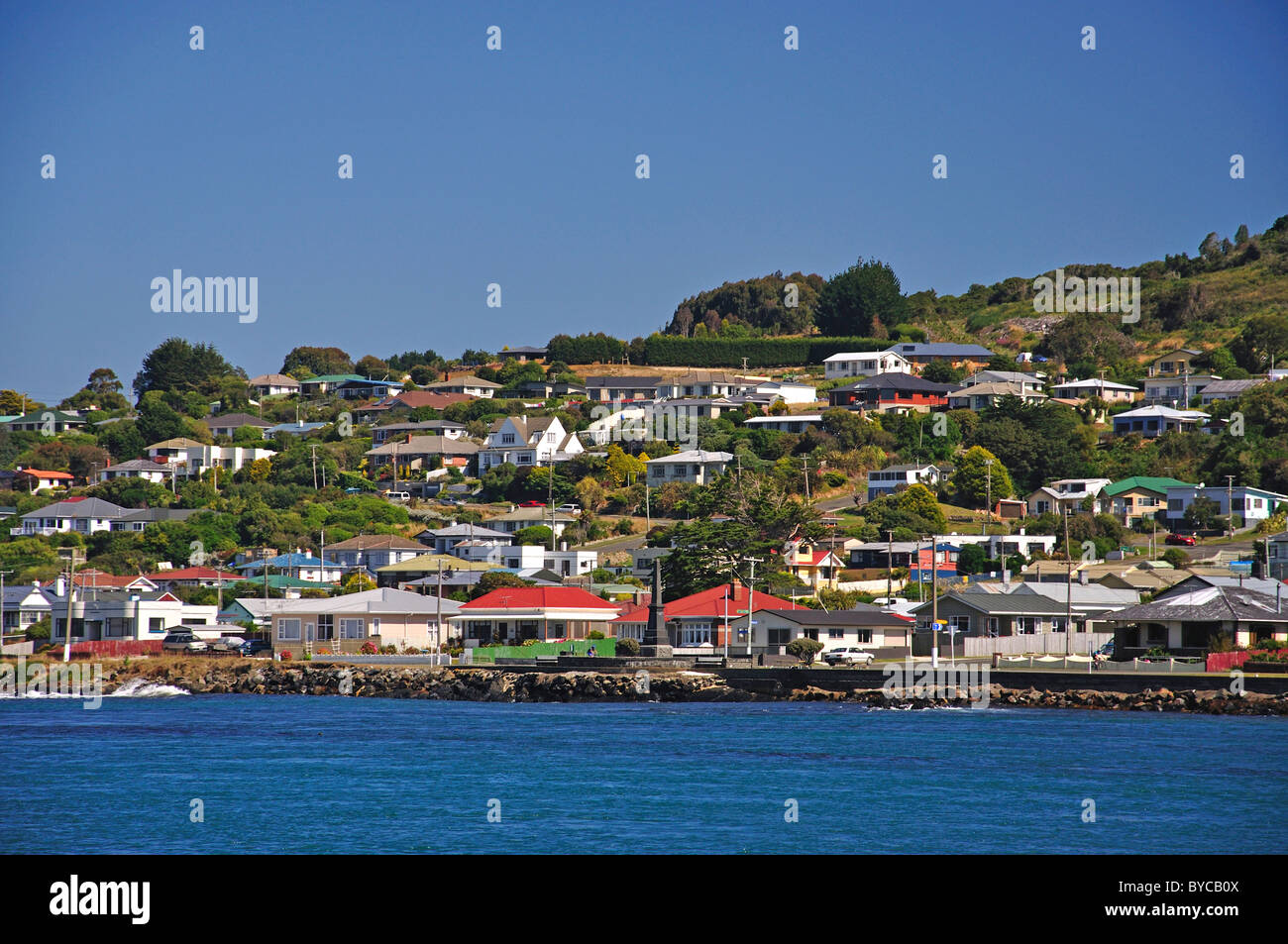 View of town from harbour, Bluff, Southland Region, South Island, New Zealand Stock Photo