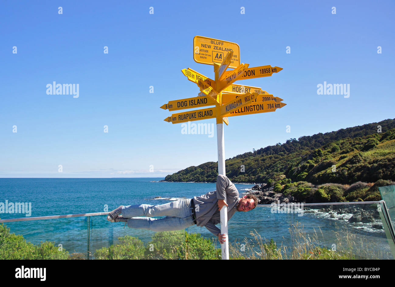 World places direction and distance signpost at Stirling Point, Bluff, Southland Region, South Island, New Zealand Stock Photo