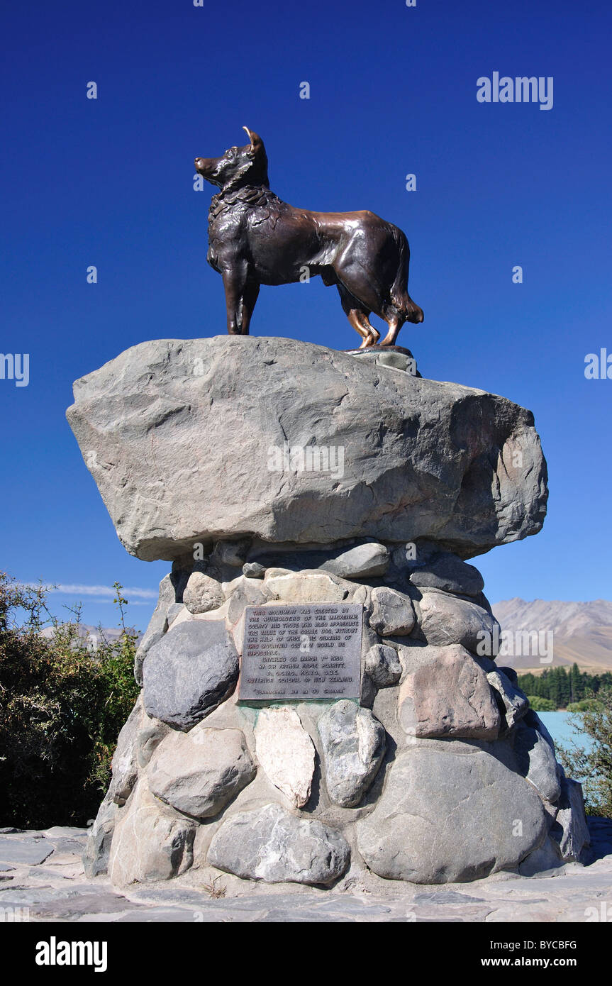 New Zealand Collie sheepdog statue, Lake Tekapo, Mackenzie District, Canterbury, South Island, New Zealand Stock Photo