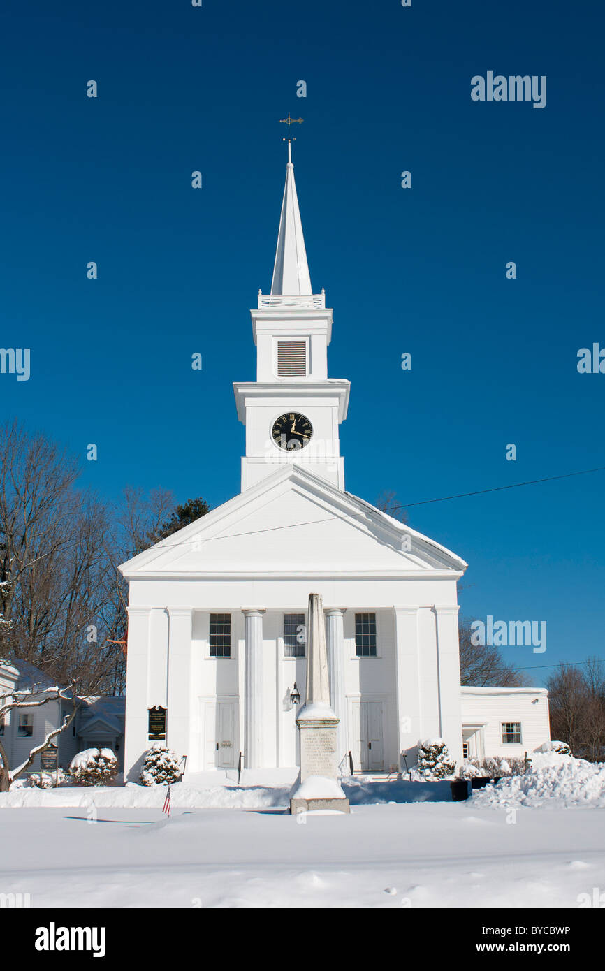 Traditional New England wooden steeple church in winter. Groveland Congregational Church, Groveland, Massachusetts Stock Photo