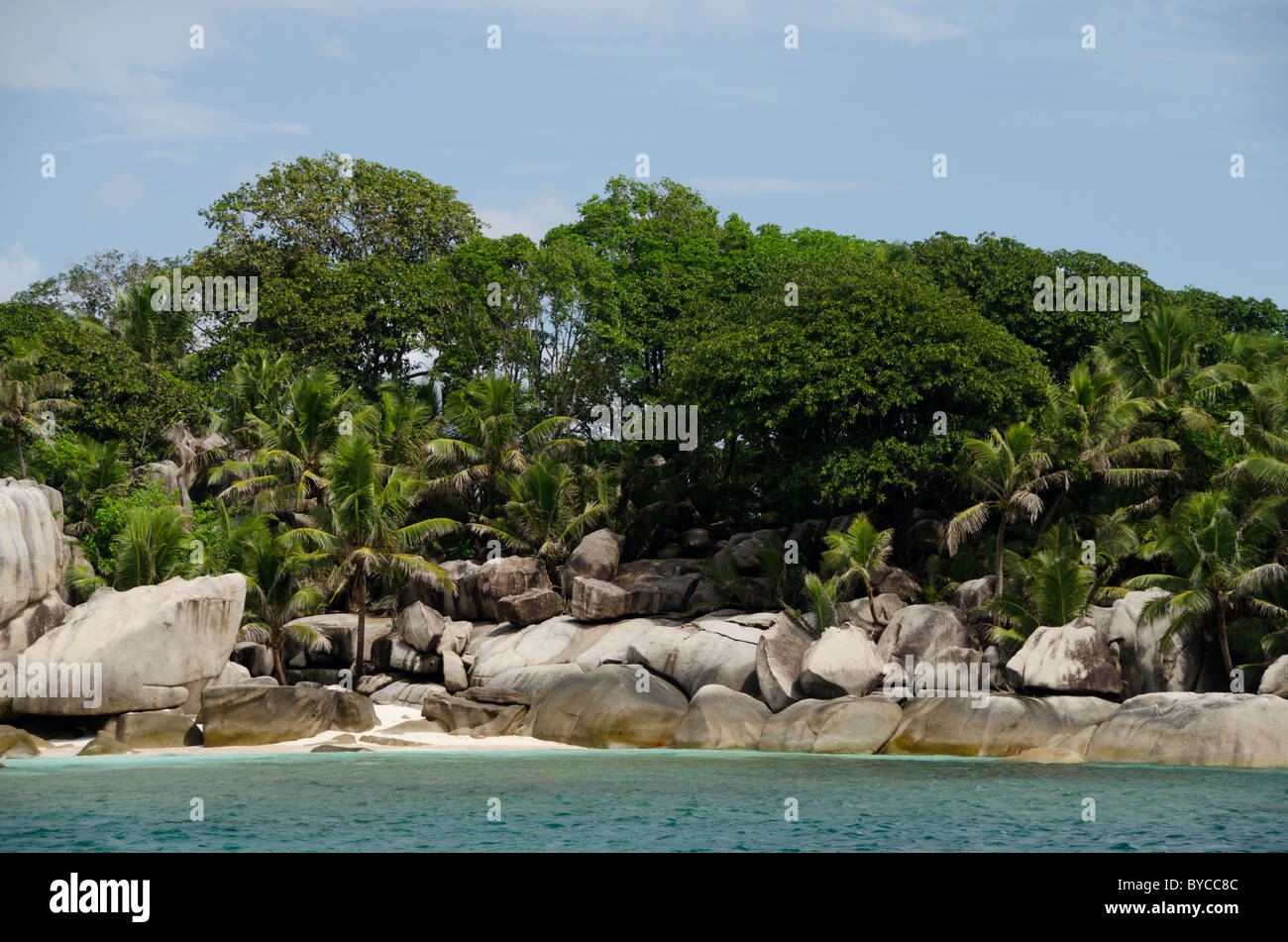 Indian Ocean, Seychelles, Coco Island. Rocky coast of Coco Island Stock