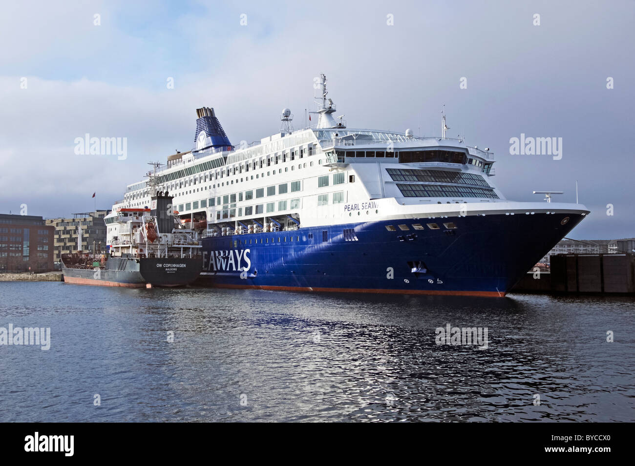 DFDS Seaways car and passenger ferry Pearl Seaways taking oil at its berth in Copenhagen harbour Stock Photo
