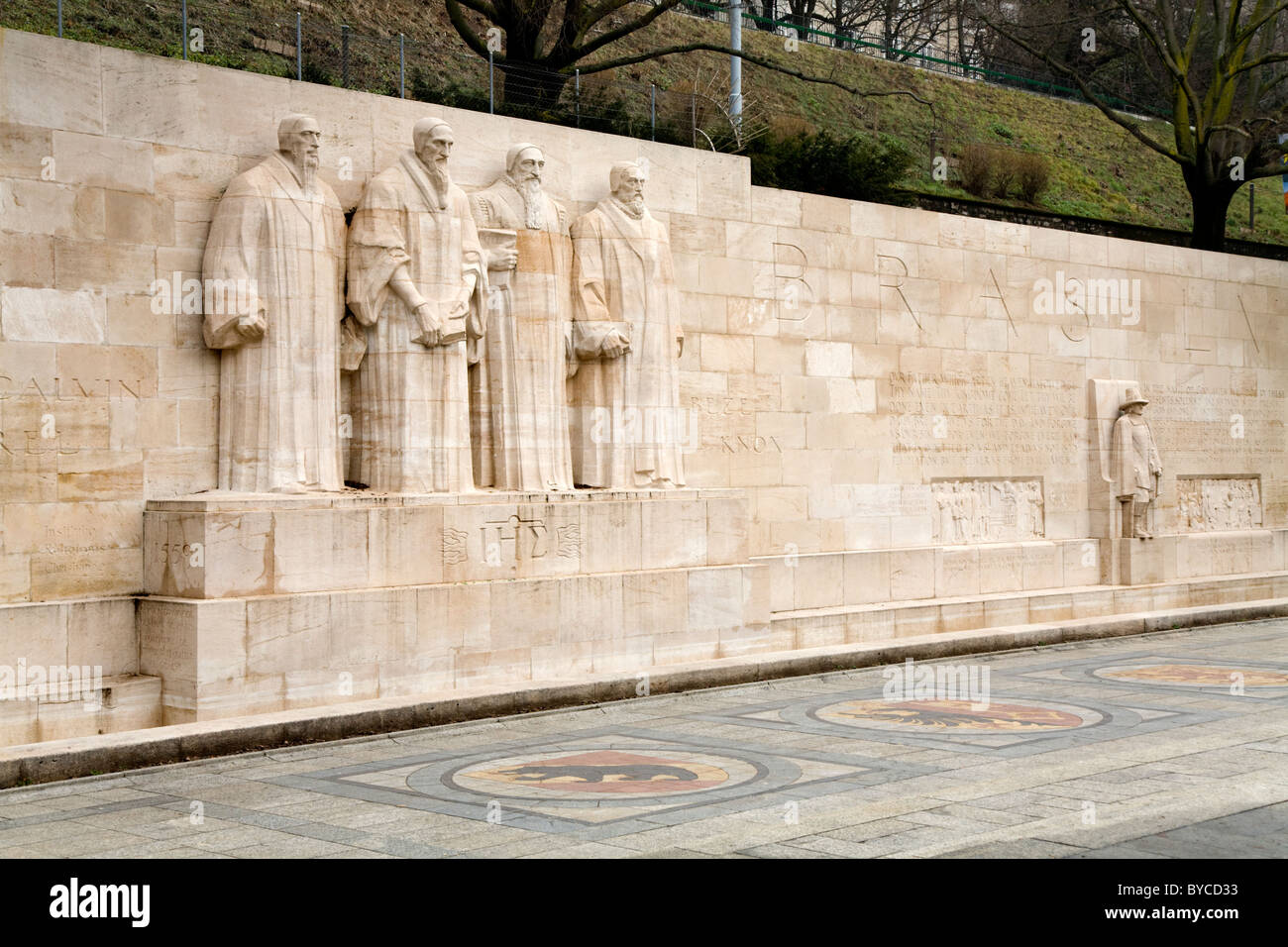 Central section of Reformation Wall: monument in Geneva, Switzerland. Stock Photo