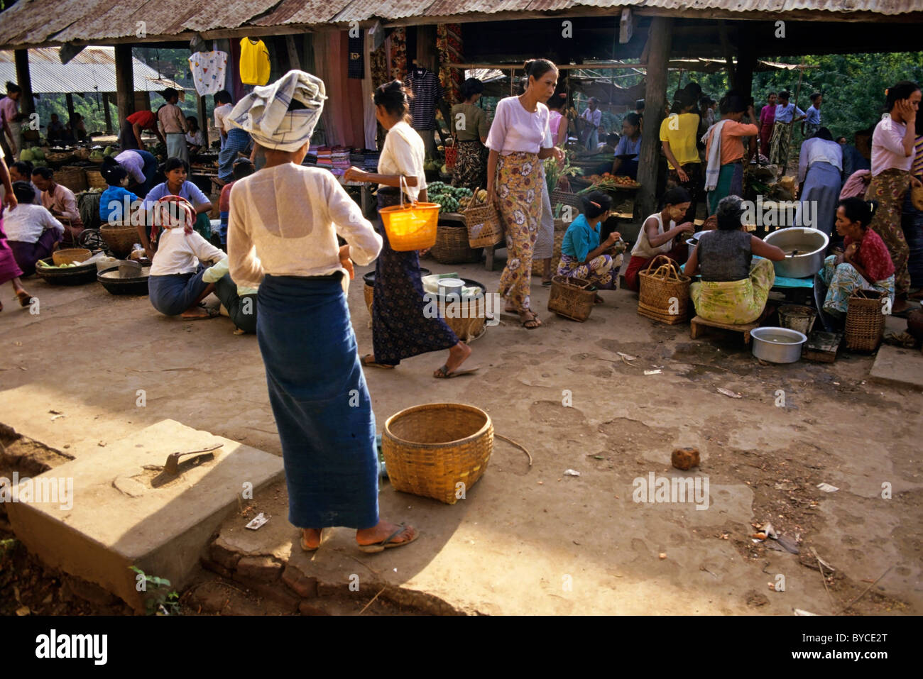 People shopping at the Bagan market, Burma, Myanmar Stock Photo