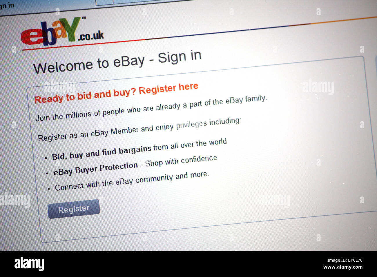 The eBay registration and sign up web page for their internet auction website Stock Photo