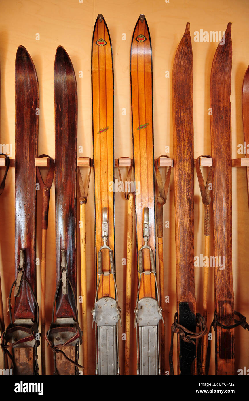 Vintage skis on a ski rack Stock Photo Alamy