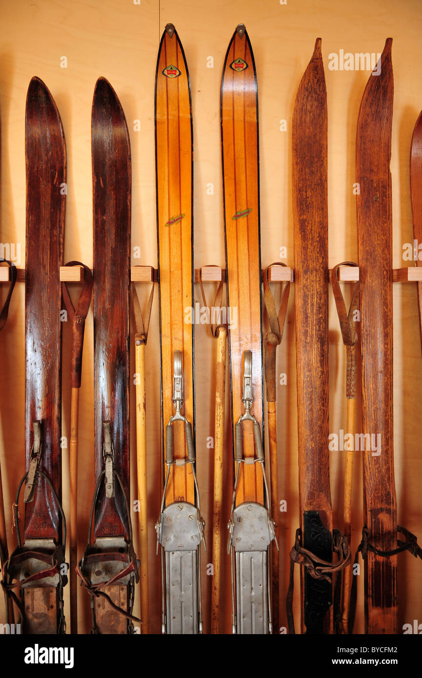Vintage skis on a ski rack Stock Photo
