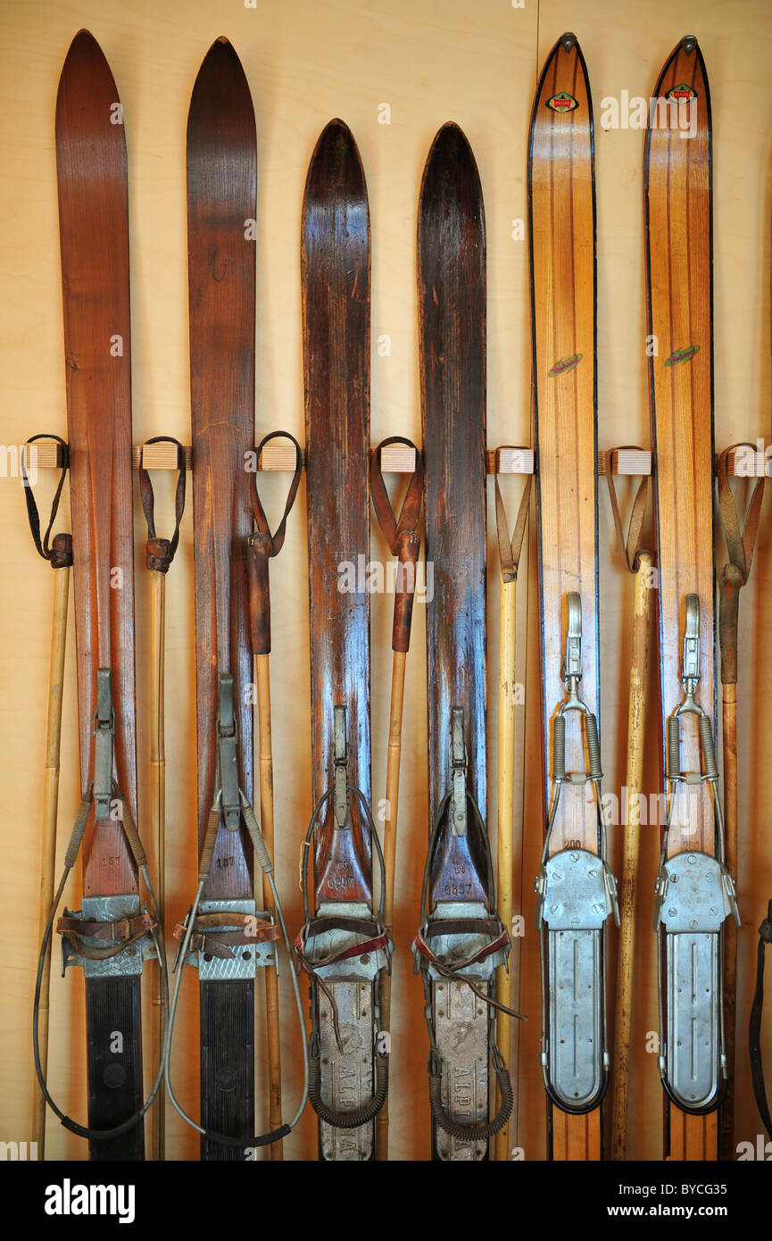 Vintage skis on a ski rack Stock Photo