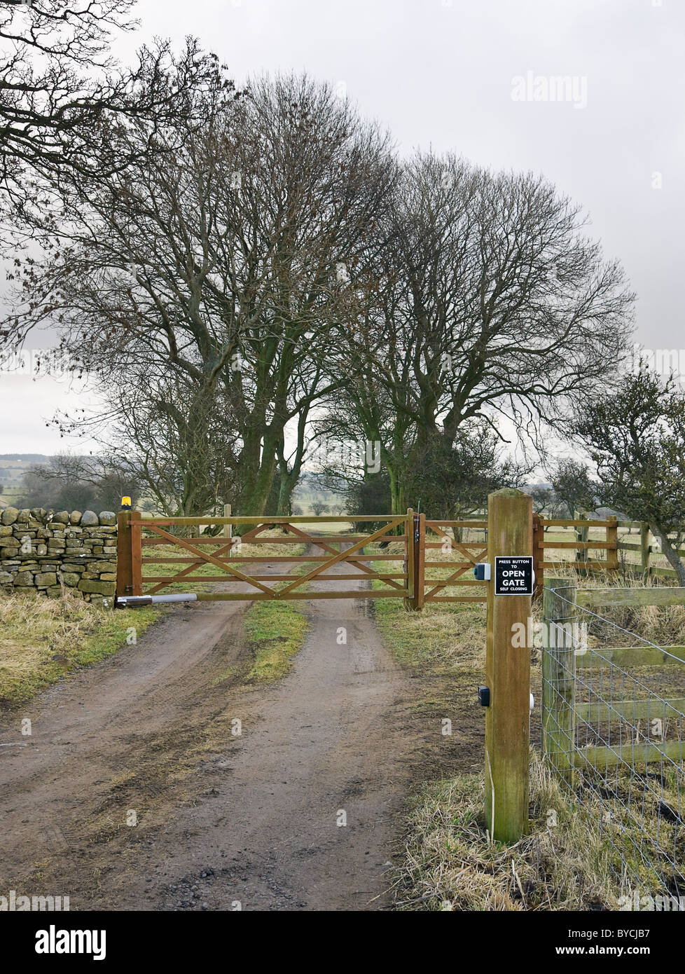 country lane with a self closing electric gate. Stock Photo