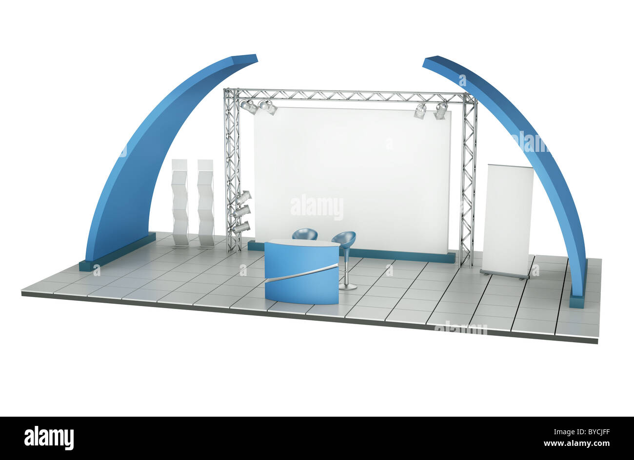 Trade Exhibition Stand isolated on a white background. 3D rendered illustration. Stock Photo