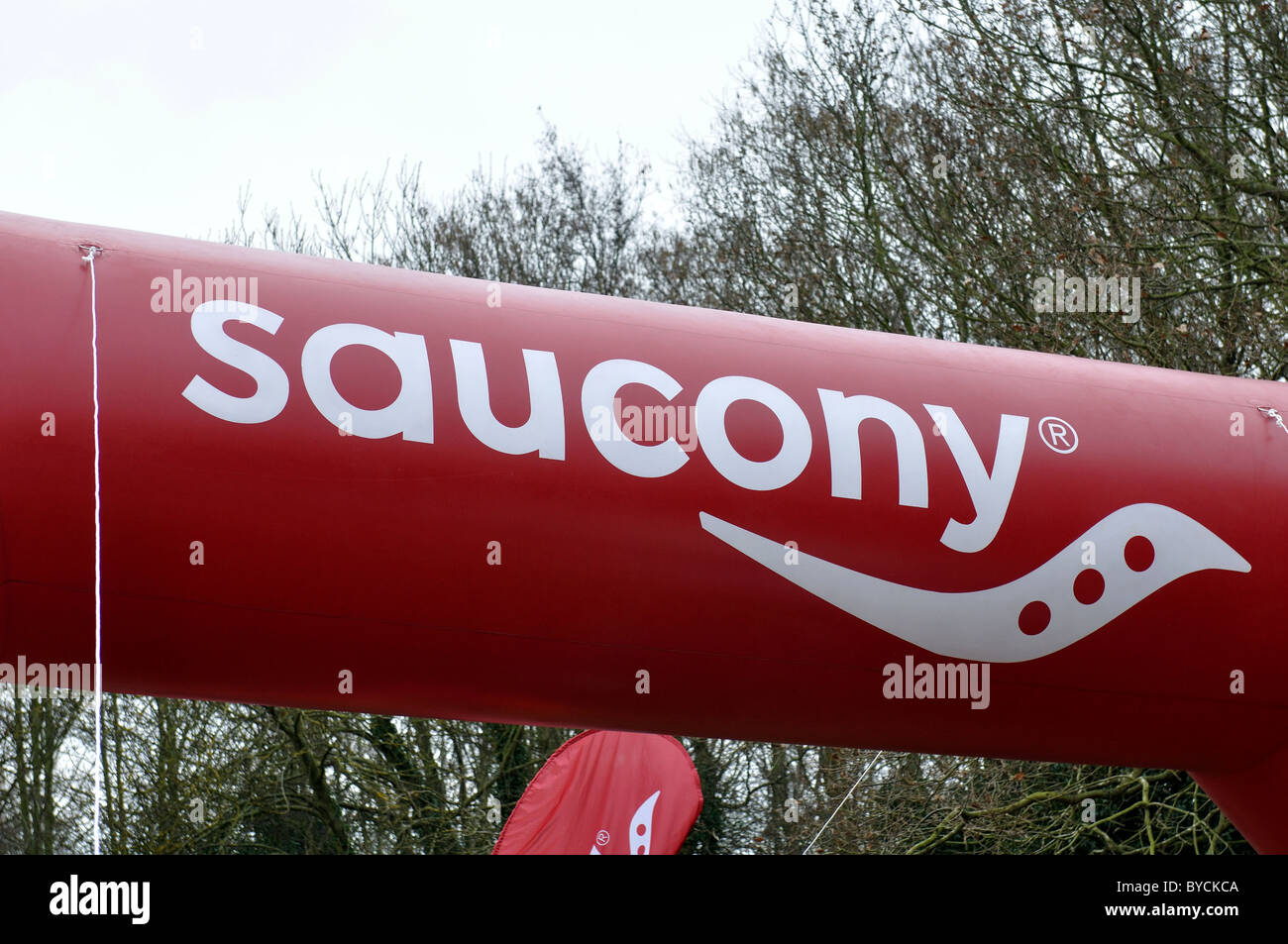Inflatable race finishing gantry with Saucony logo on Stock Photo