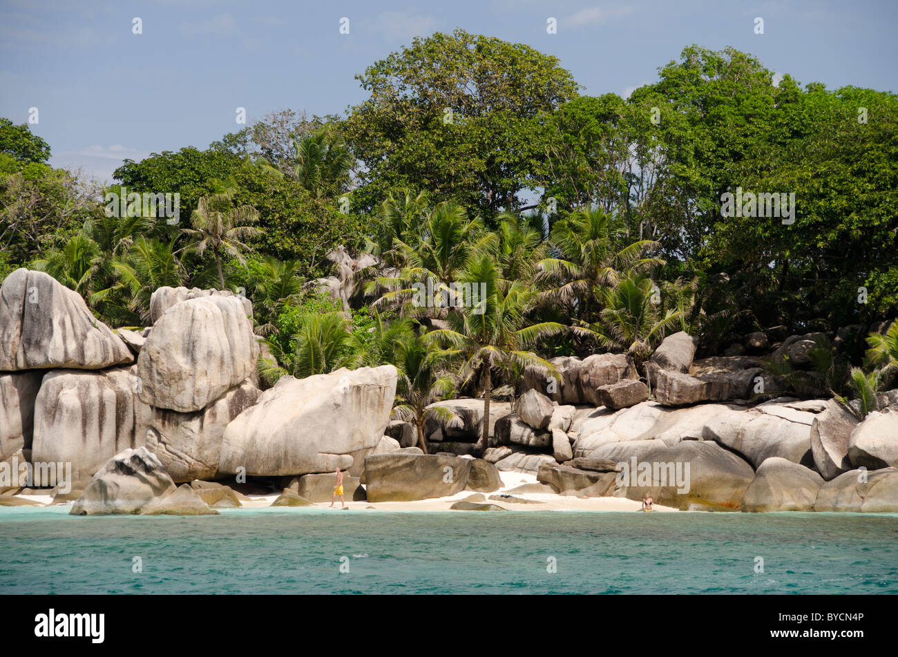 Indian Ocean, Seychelles, Coco Island. Person walking on sandy beach