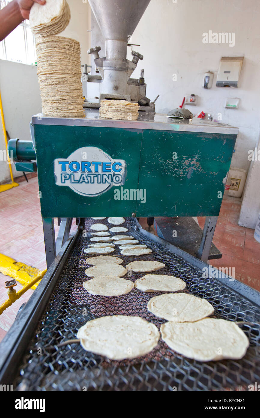 Tortilla machine at a tortilleria in San Cristobal de las Casas, Chiapas, Mexico Stock Photo