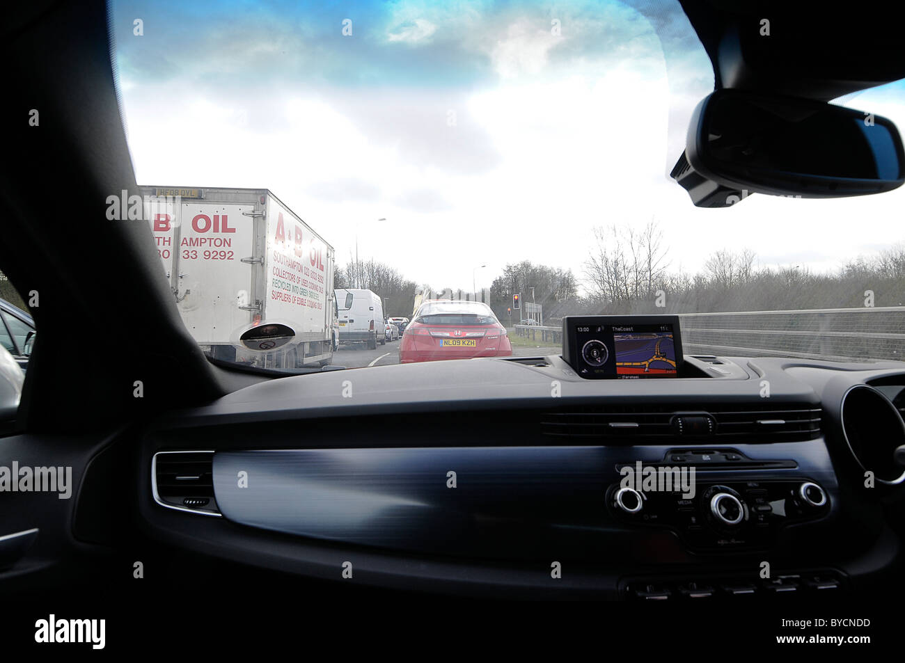 Driving on M27 motorway in Hampshire UK Stock Photo