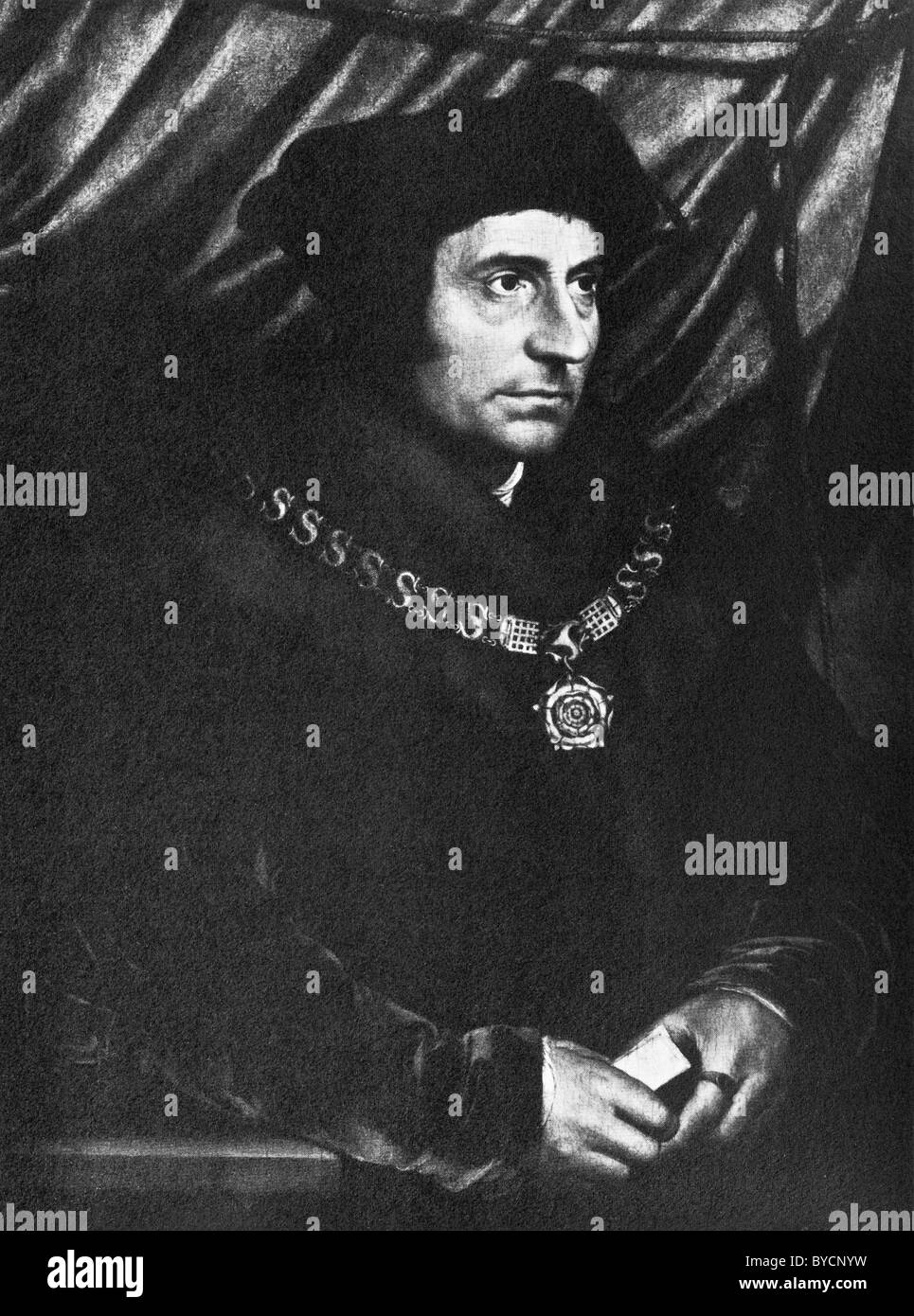 Portrait painting of English author + statesman Sir Thomas More (1478 - 1535) by Hans Holbein the Younger (c1497 - 1543). Stock Photo