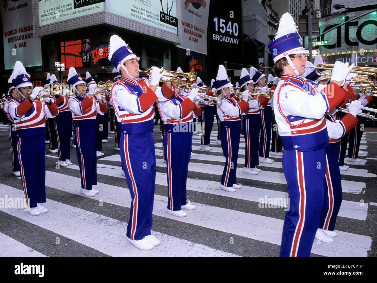 Thanksgiving Parade New York Marching band in Thanksgiving Day Parade. Trumpet players in traditional American holiday celebration. USA Stock Photo