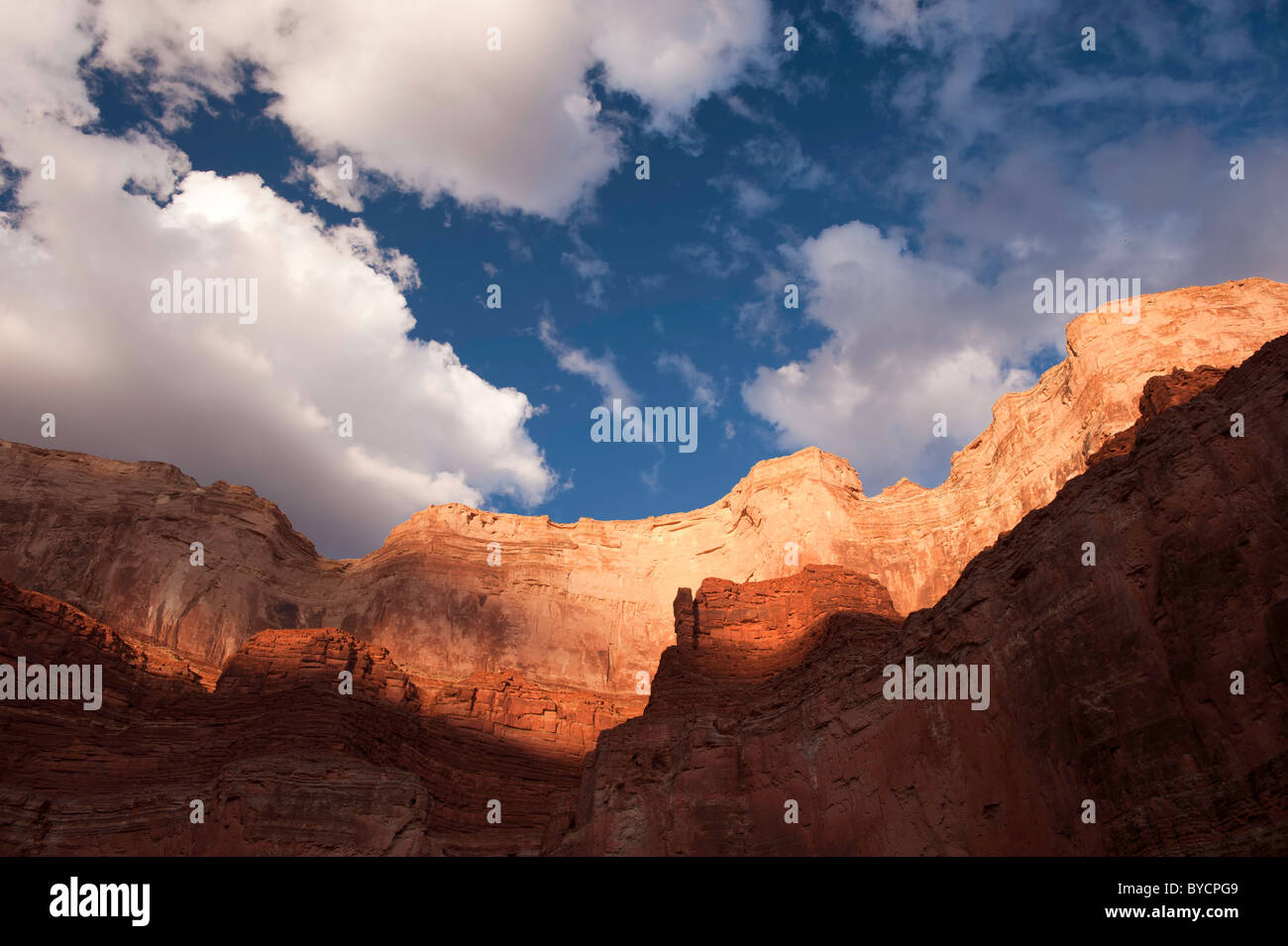 Looking up at the walls of the Grand Canyon from the Canyon Floor Stock Photo