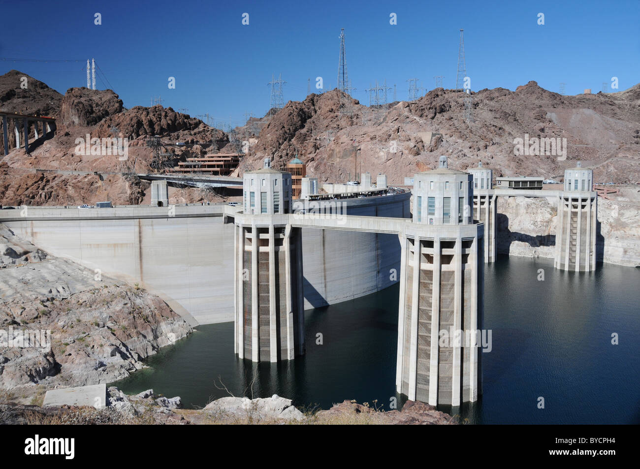 Hoover Dam concrete arch-gravity dam in Black Canyon of the Colorado River on the border between Arizona and Nevada Stock Photo