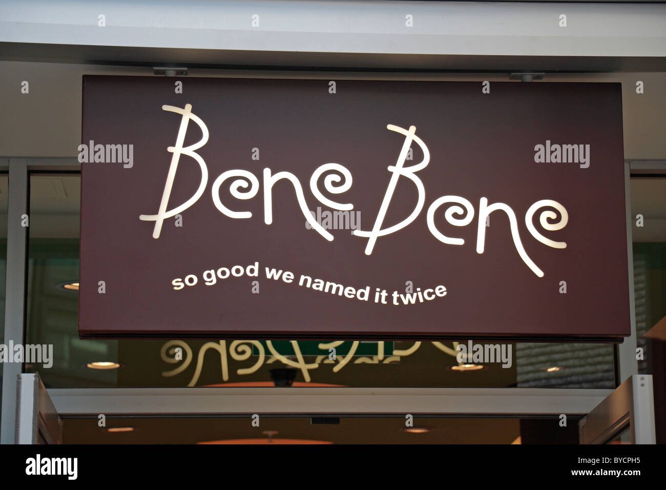 Sign above the entrance to the Bene Bene fast food restaurant (sandwich shop), Fenchurch Street, London, UK. Stock Photo