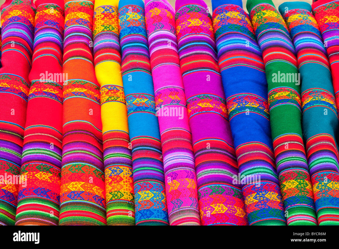 Closeup of Peruvian blankets for sale at a roadside market in rural Peru, South America. Stock Photo