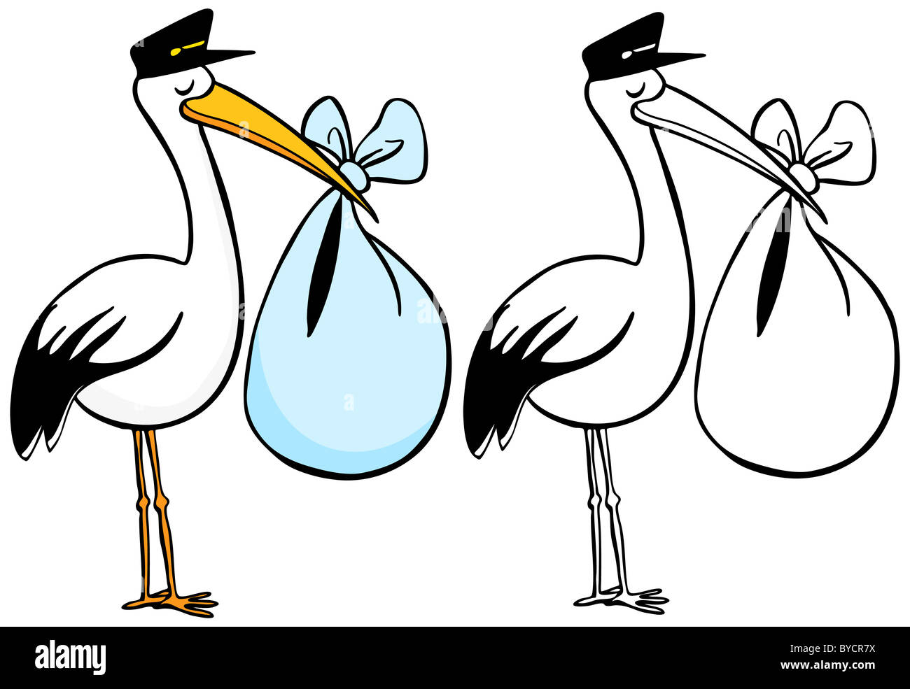 Cartoon image of a stork delivering a baby - both color and black / white versions. Stock Photo