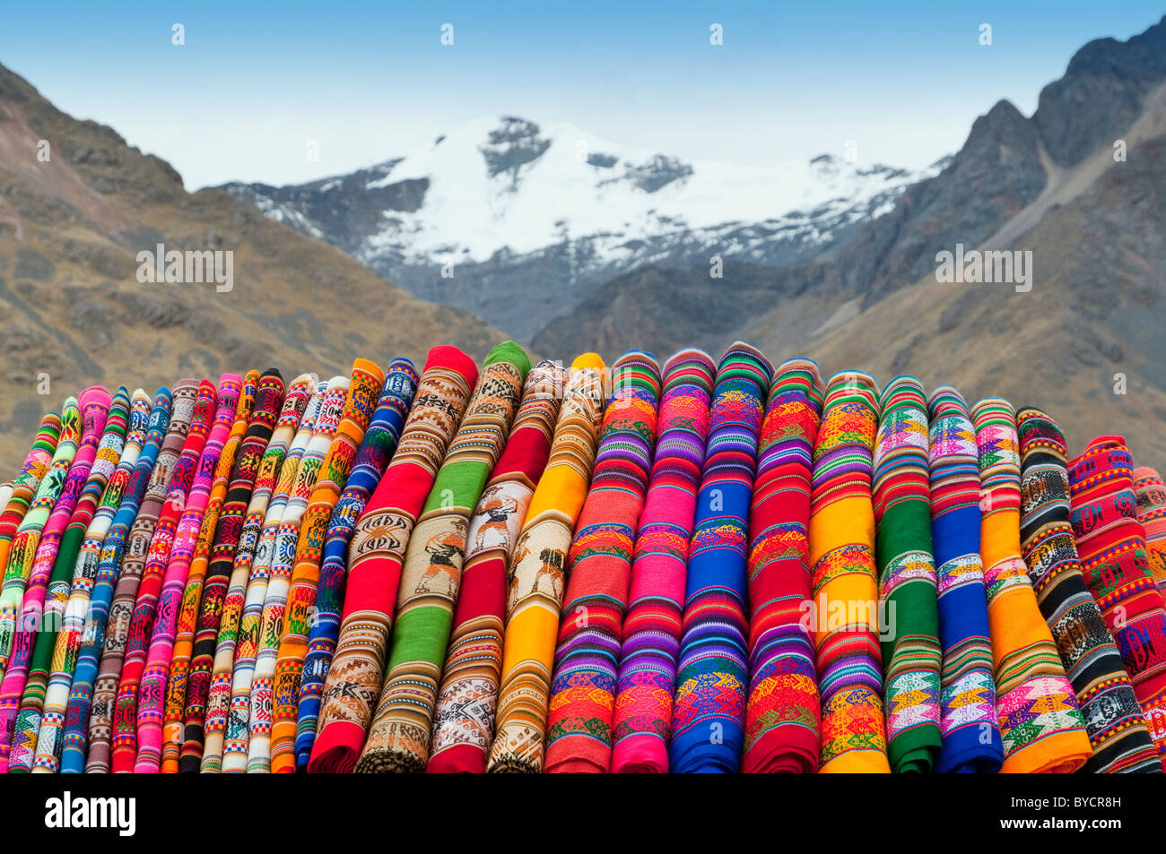 Closeup of Peruvian blankets for sale at a roadside market in rural Peru, South America. Stock Photo