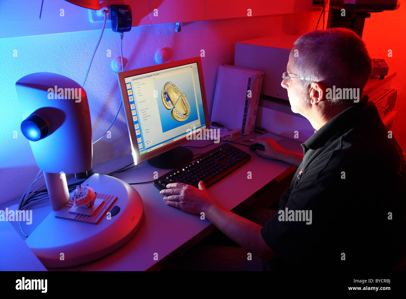 Dental laboratory, dental technician at work, tooth prosthesis, health