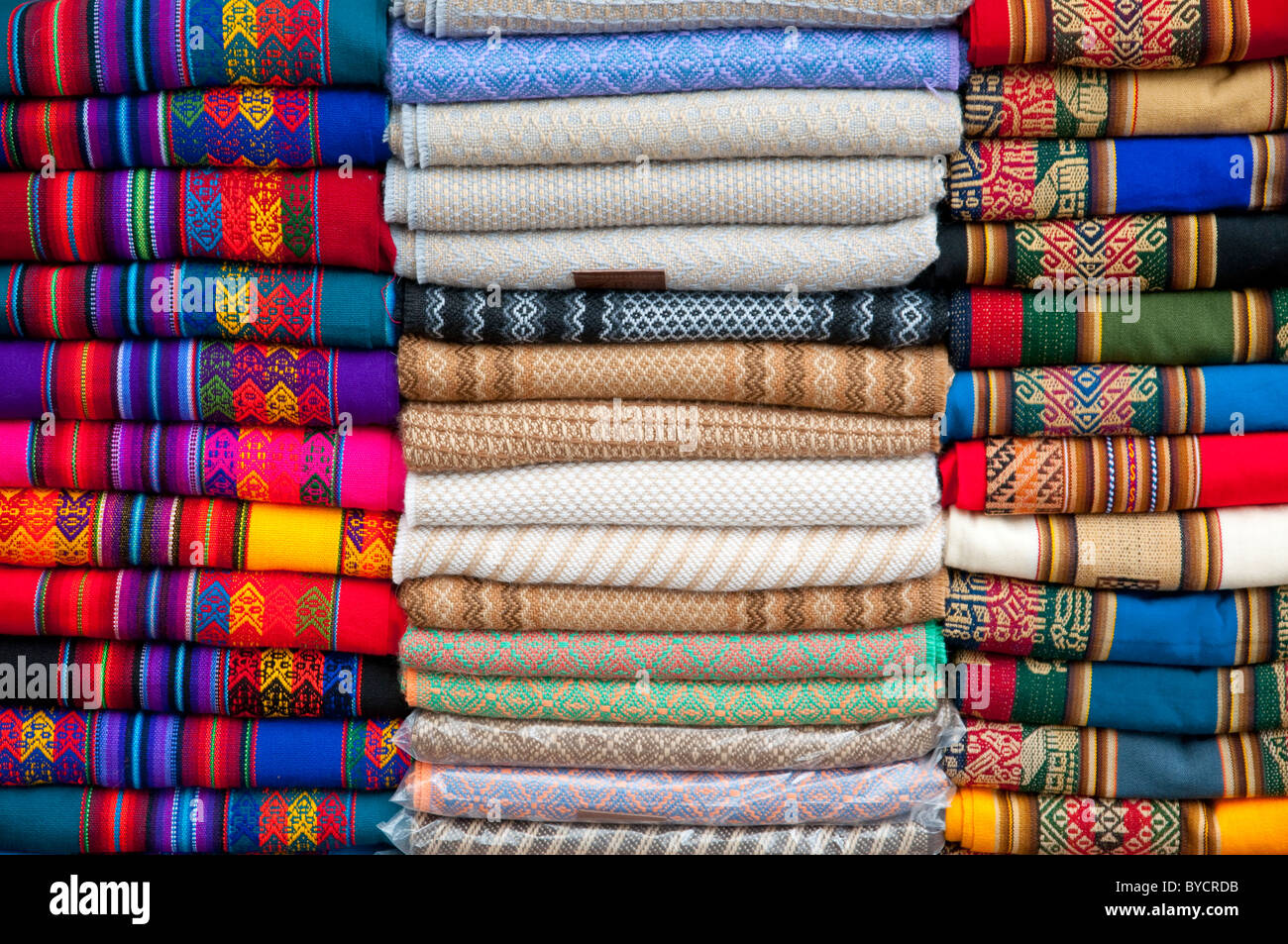 Closeup of Peruvian blankets for sale at a roadside market in rural Peru, South America. Stock Photo