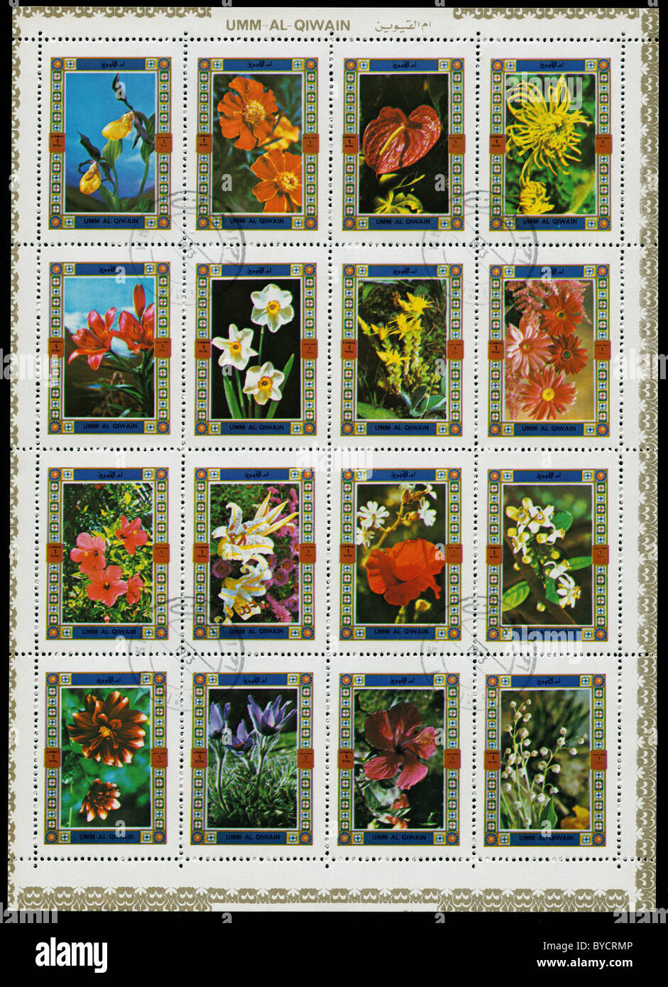 Sheet of stamps from Umm al-Quwain with flowers Stock Photo - Alamy