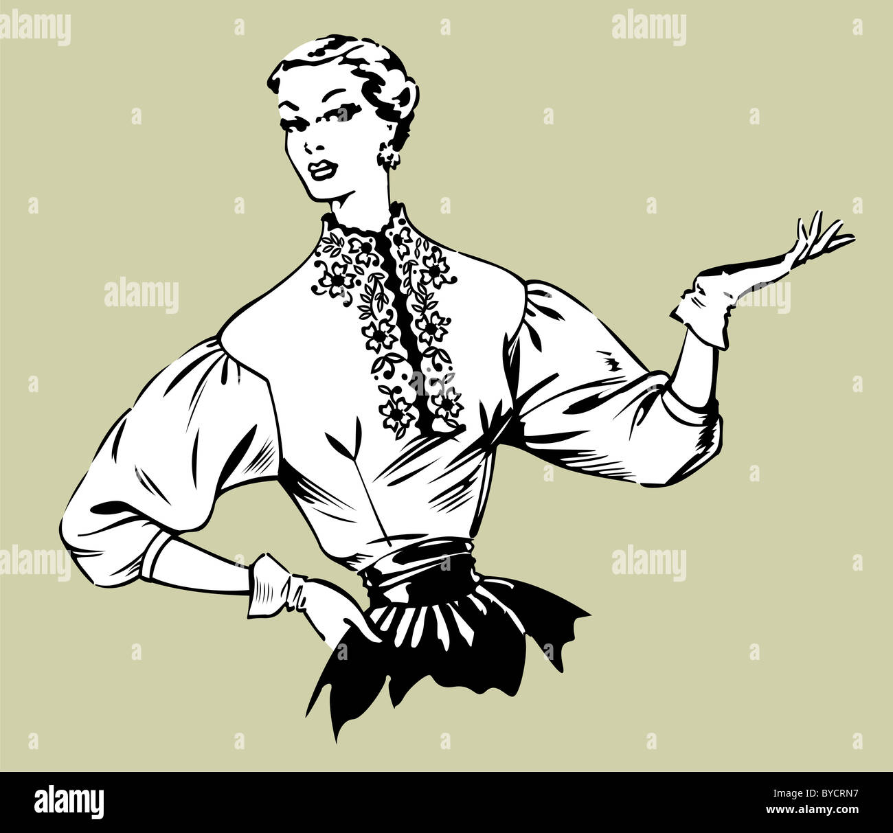 Woman dressed like fifties style. Retro black and white illustration on light background. Vector available  Stock Photo