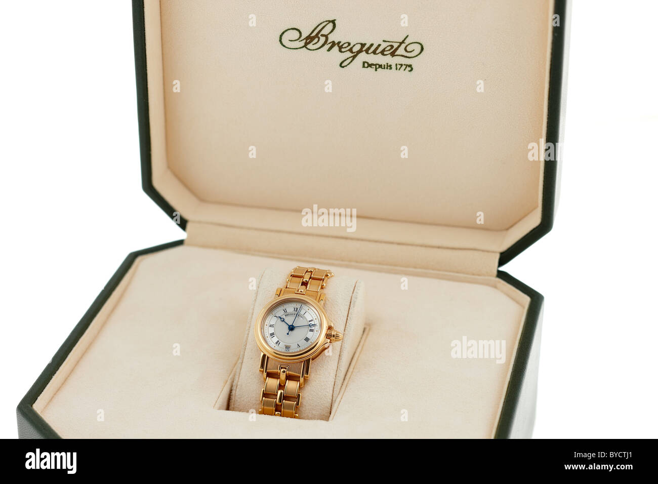 Open box with Breguet Marine Ladies' Automatic Yellow Gold 26mm Wrist Watch on Bracelet. Model Ref. 8400BA-12-A40. Stock Photo