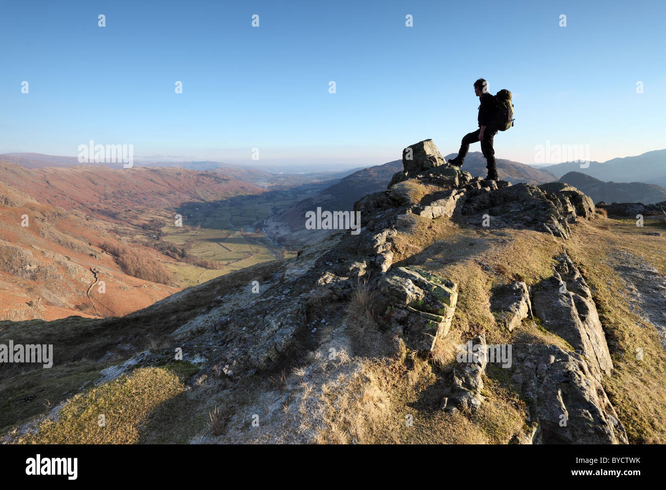 Hill Walker on Pike Howe and the View Down Great Langdale Towards Lake Windermere Lake District