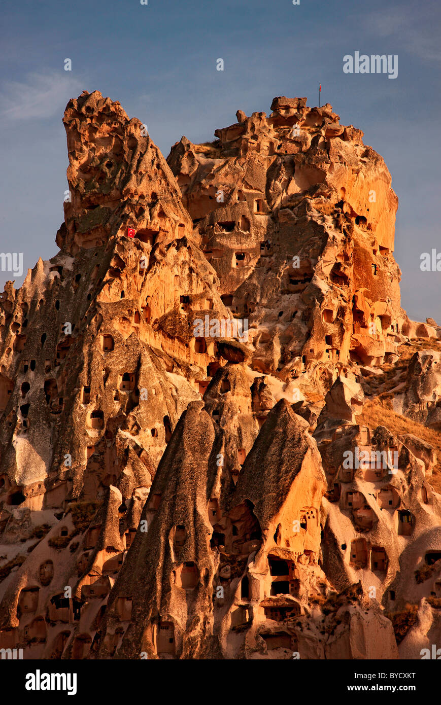 The 'backside' of the natural rocky castle of Uchisar, Nevsehir, Cappadocia, Turkey Stock Photo