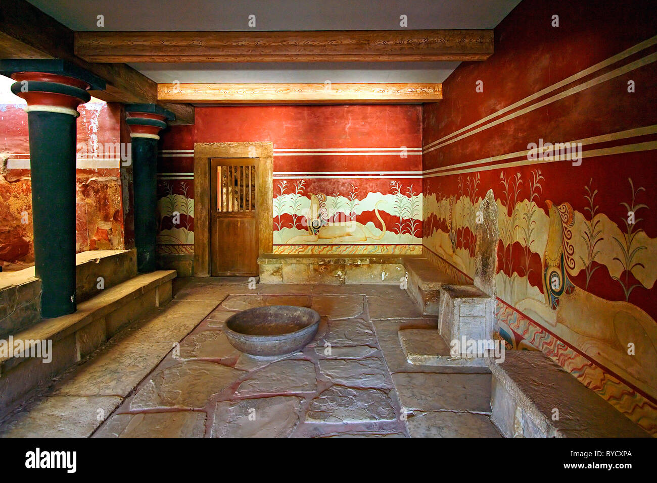 The hall of the throne in the Minoan Palace of Knossos, Heraklion, Crete, Greece Stock Photo