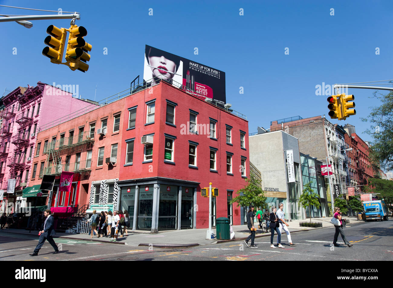 Corner of Prince Street and West Broadway in SoHo, New York City, USA Stock Photo