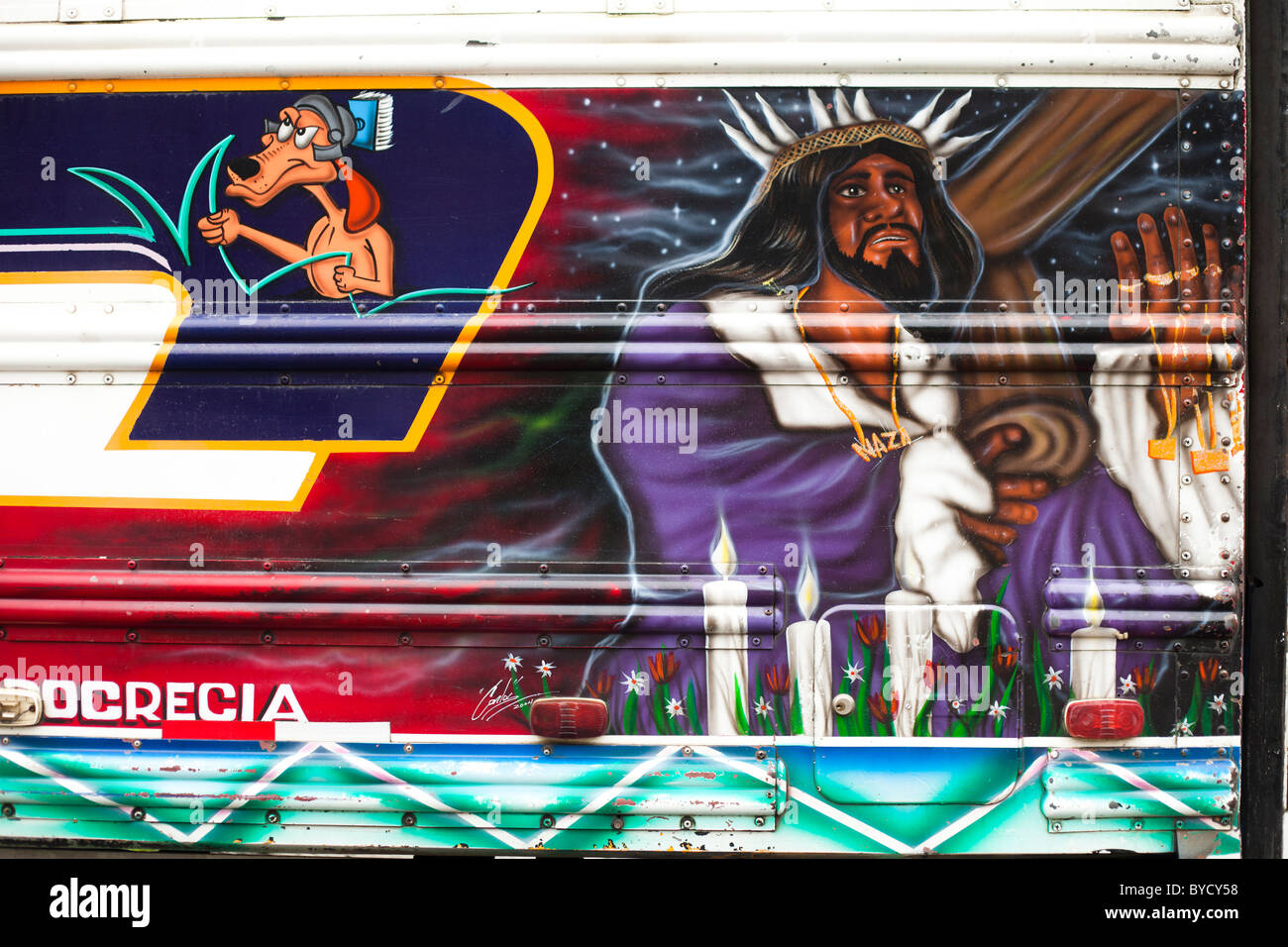 Jesus Christ graffiti on old school bus in Panama Stock Photo Alamy