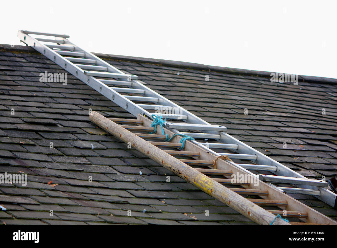 An aluminum crawler and a wooden ladder strapped together on a roof so the roof can be fixed. Stock Photo