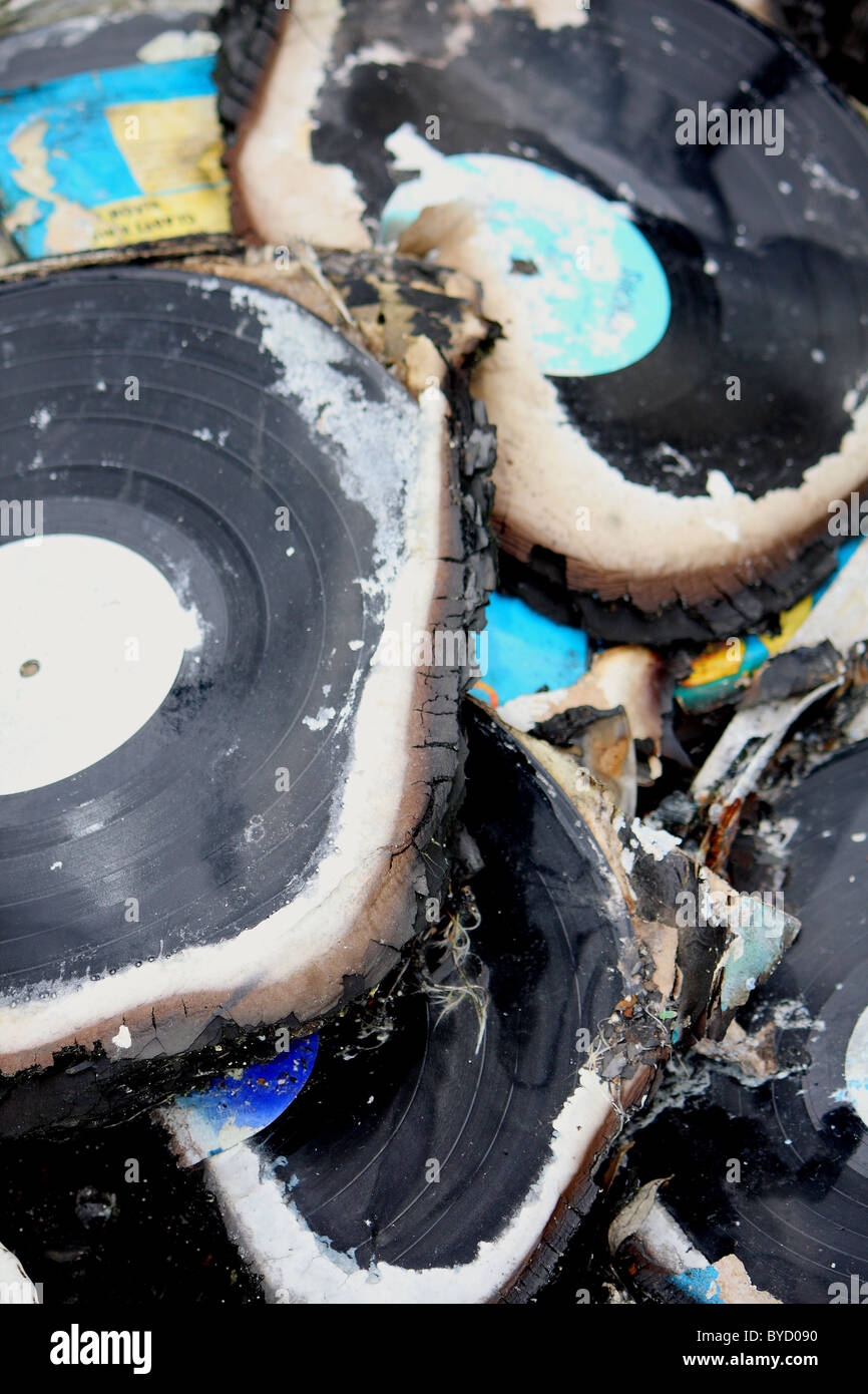 A selection of music records which have been warped and burnt due to