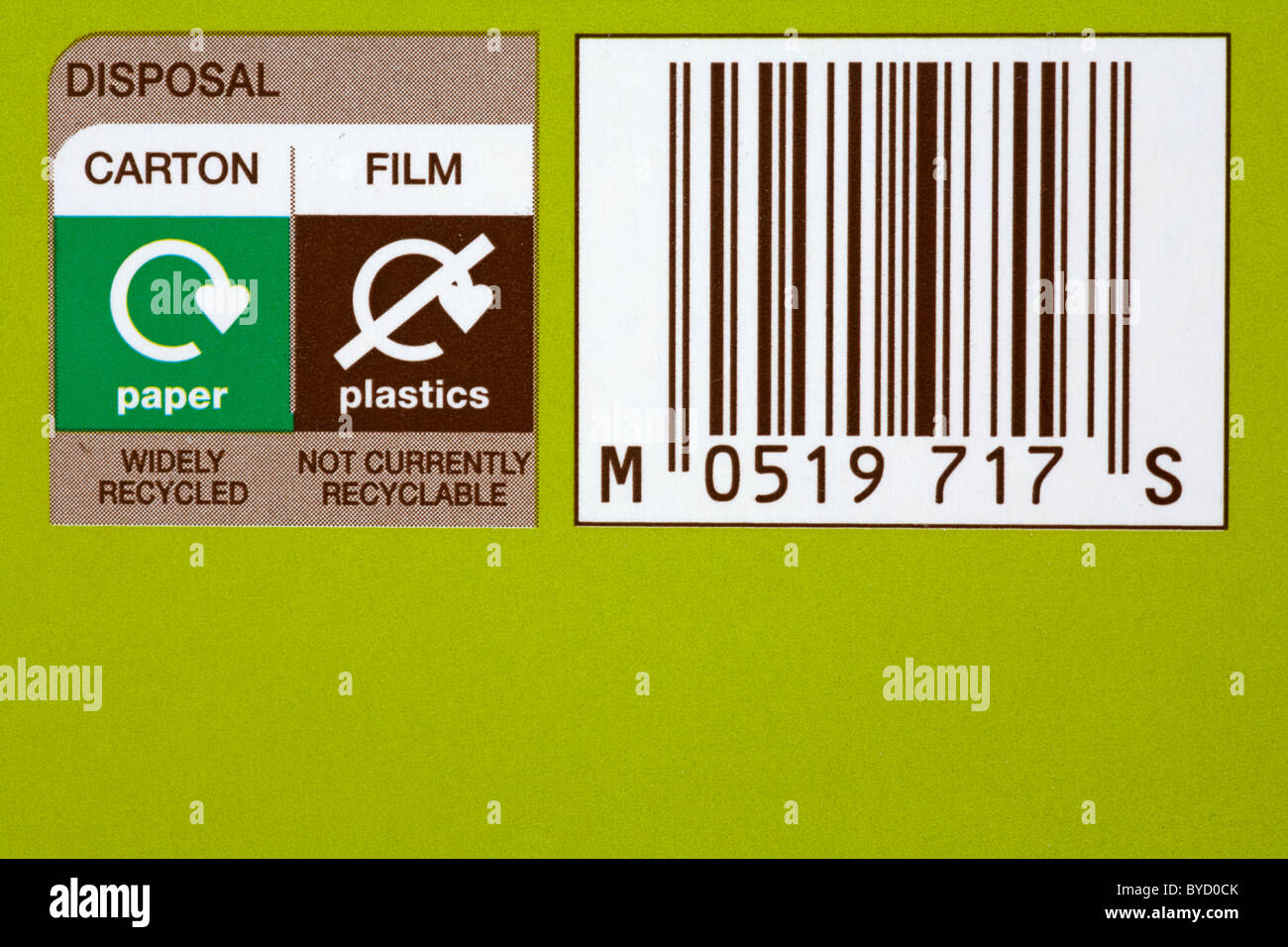 labeling on back of food packaging - disposal instructions and barcode - plastics not currently recyclable, paper widely recycled Stock Photo